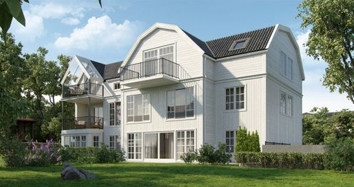 Fasaden til en tremannsbolig ved Huk Aweny 10